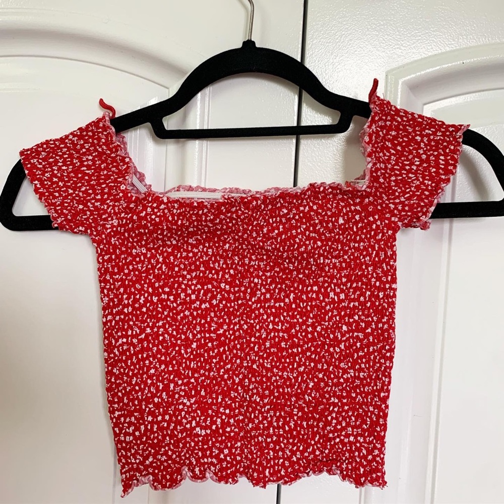 RED Smocked off the shoulder Garage Top